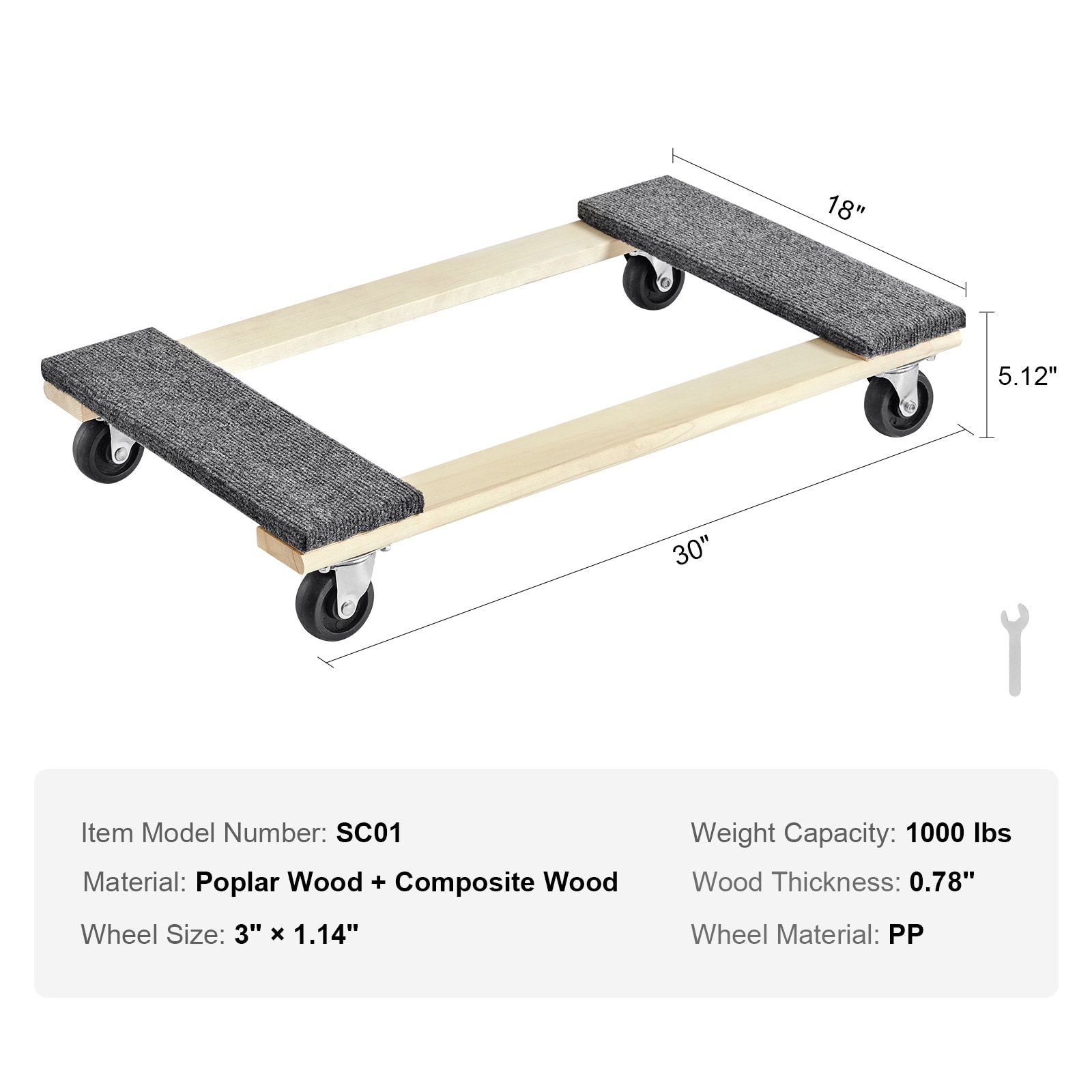 Furniture Dolly, 1000 Lbs Load Capacity, 18" X 30", 4 X 3" PP Swivel Casters, Heavy Duty Hardwood Furniture Moving Dolly, Mover's Dolly, Moving Cart With Wheels For Heavy Furniture Home Cleaning_maomaolike.com